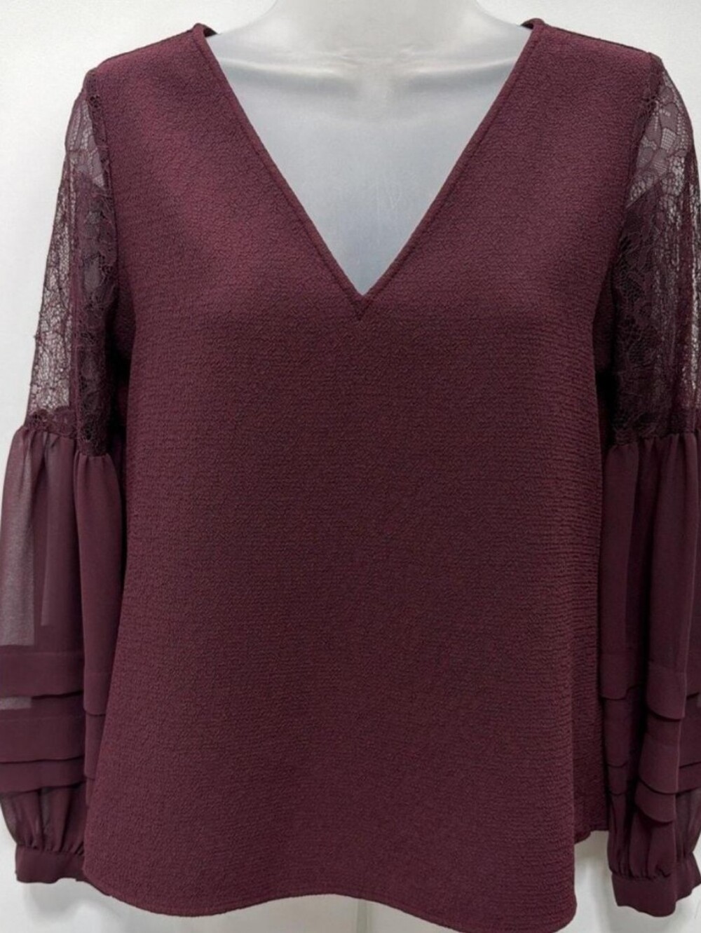 Express Burgundy Purple V-Neck Lace Sleeve Blouse